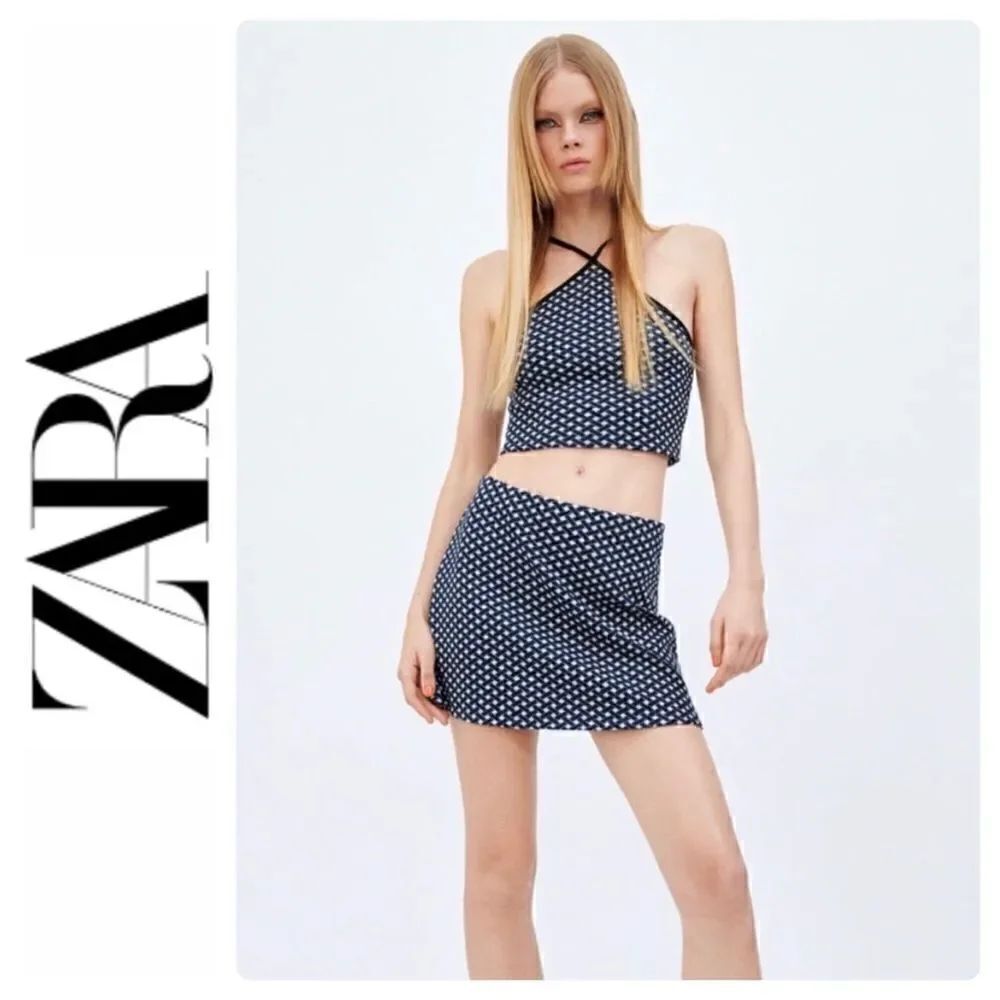 NWOT Zara Navy Blue & White Jacquard A-Line Knit Mini Skirt, Size M-L